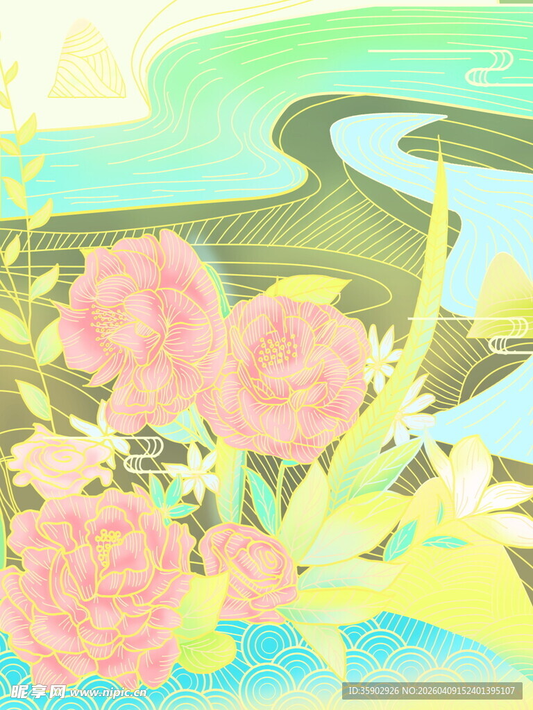 春日花卉与蜿蜒溪流图