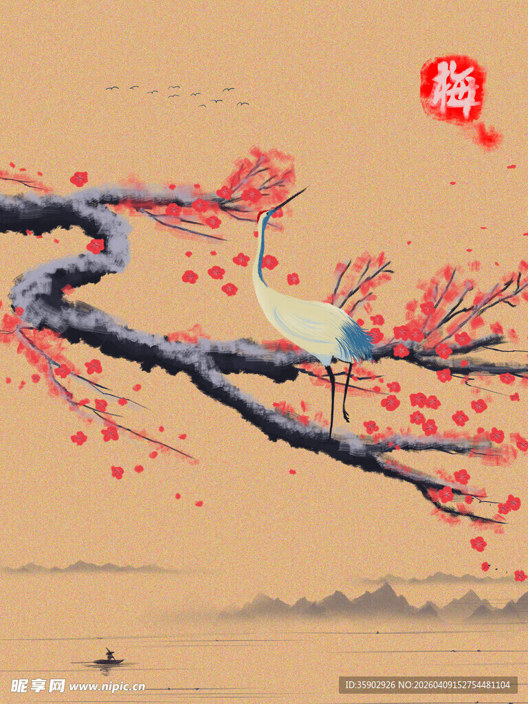 红梅枝头景诗意东方韵