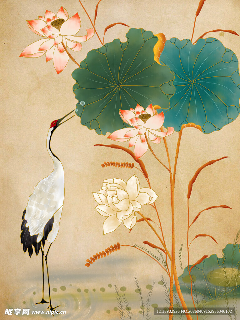 中式花鸟图中的优雅白鹤