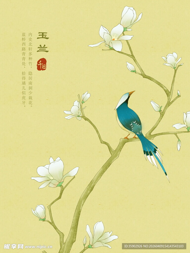 枝头翠鸟伴玉兰