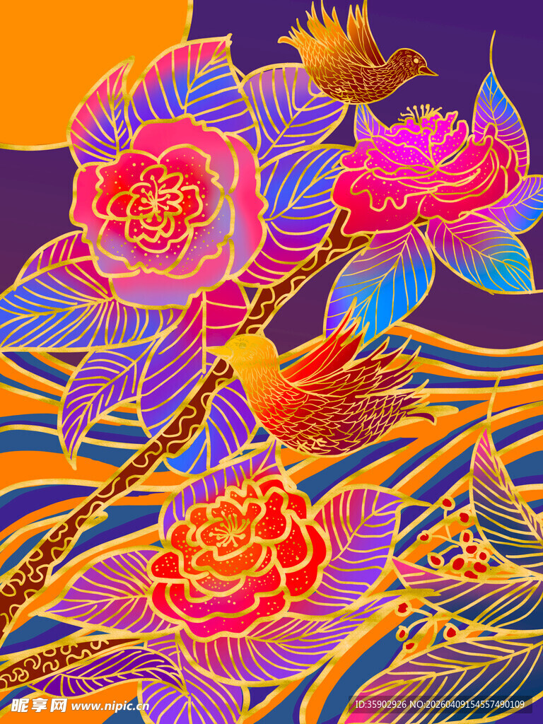 绚丽花卉与飞鸟梦幻图景