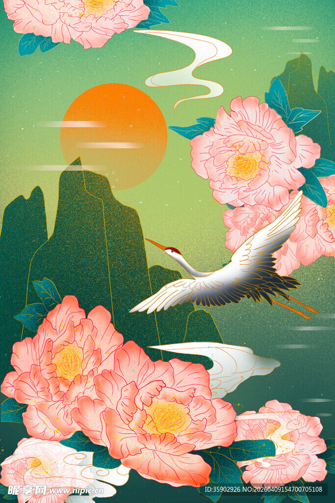 山水间白鹤伴繁花飞舞