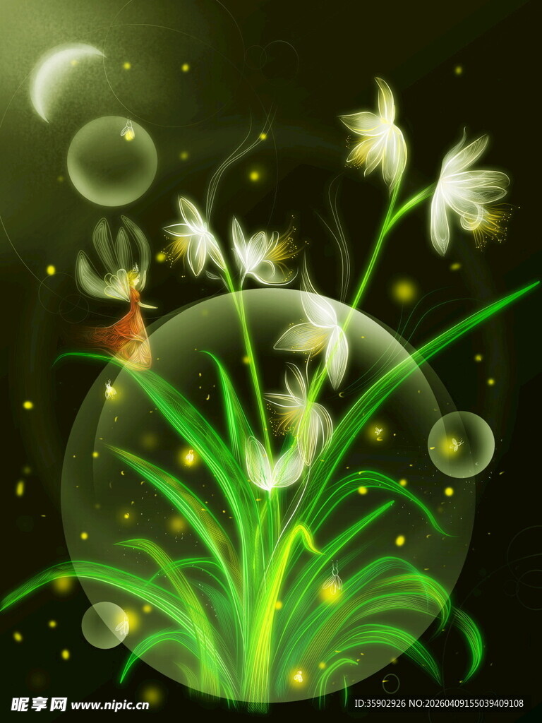 梦幻夜光植物与气泡景象