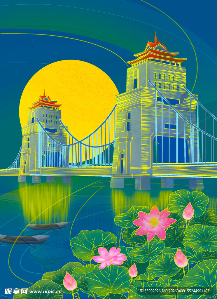 月夜下的桥梁与荷花美景