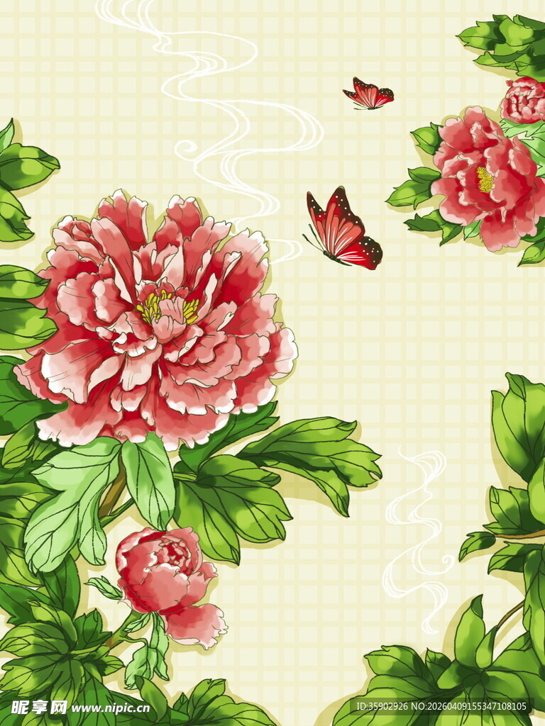 中式牡丹花卉蝴蝶装饰图