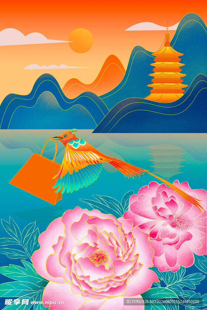 山水间绽放的艳丽花朵