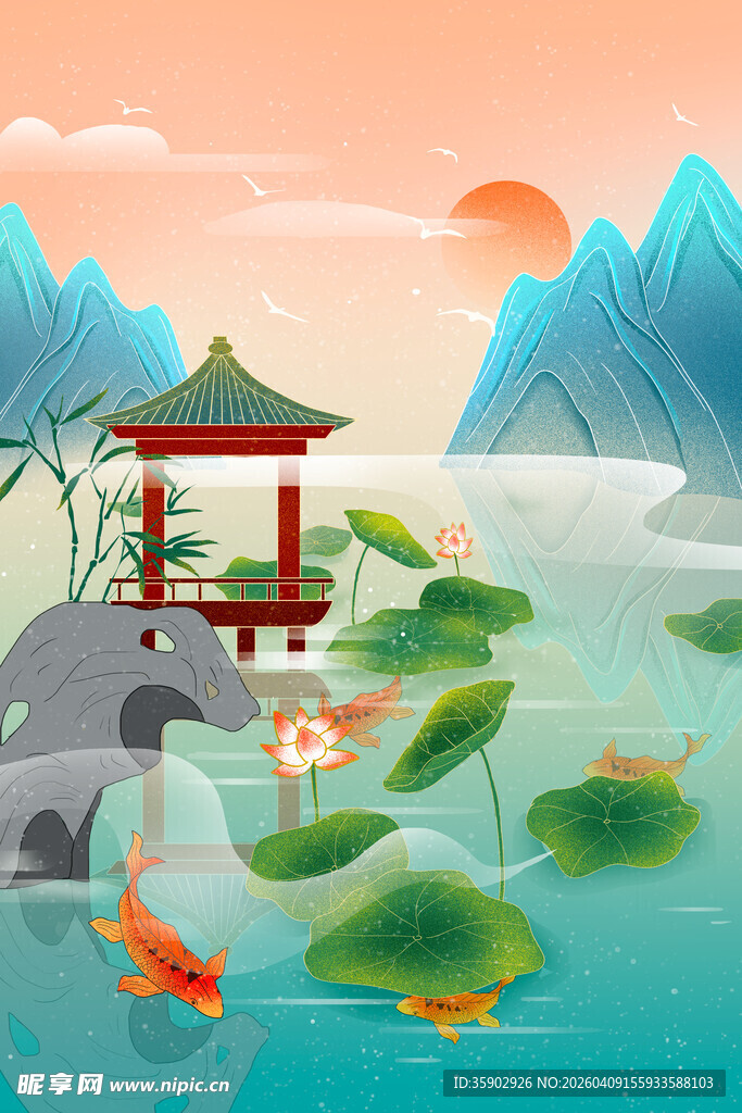 中式池塘锦鲤与亭台美景