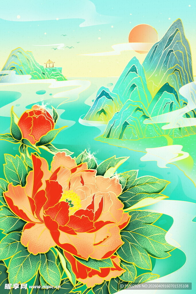 水中绽放的艳丽牡丹花