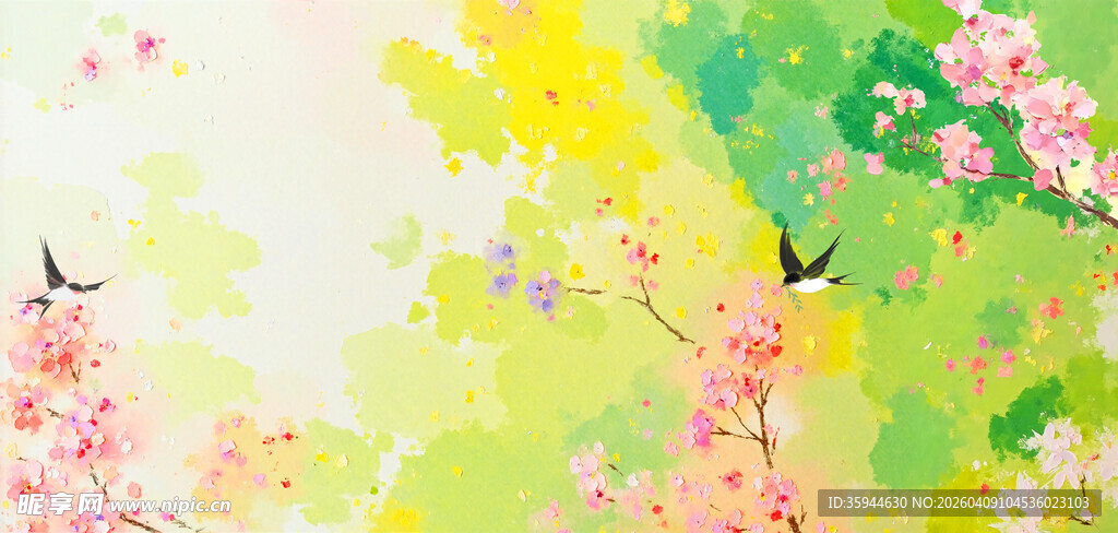 春日繁花飞鸟梦幻图景