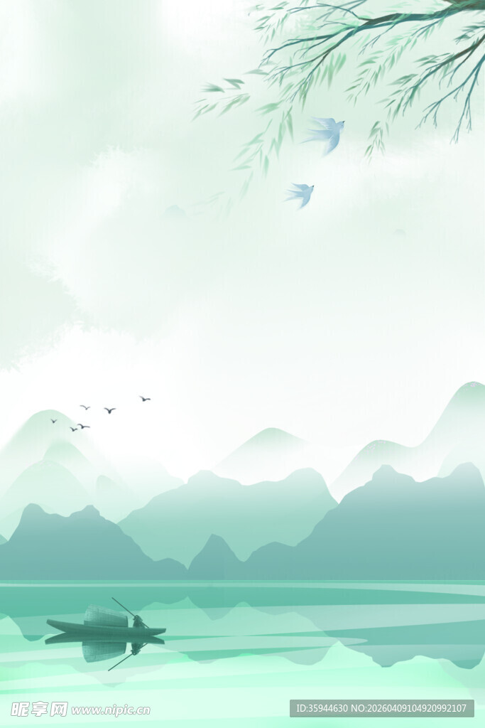 水墨山水间的悠然泛舟景