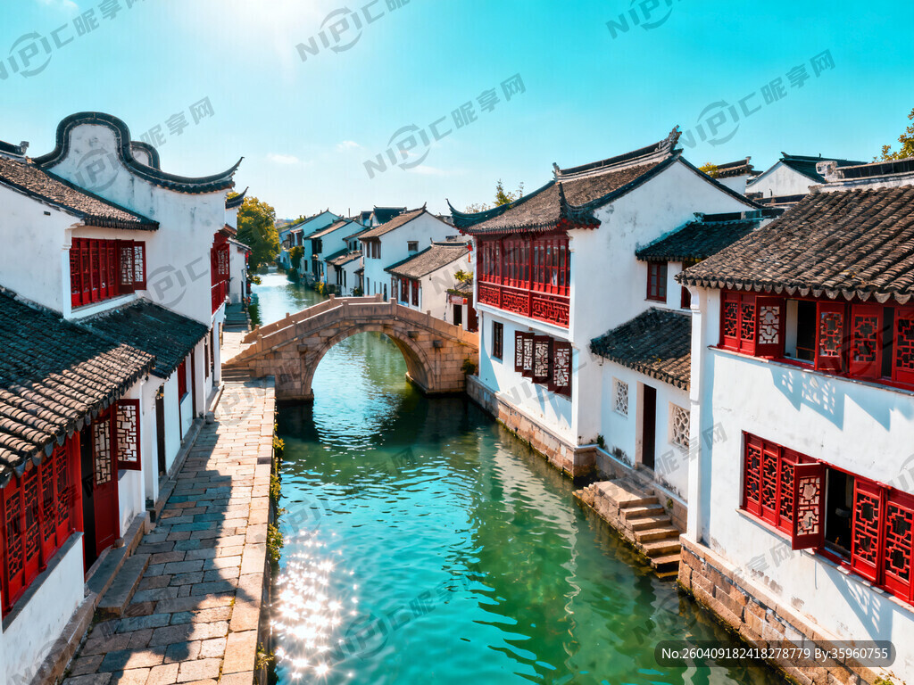 帮我绘制一张小桥流水苏州古镇建