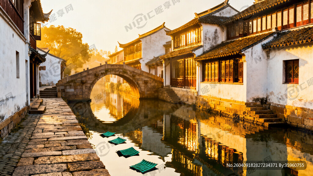 帮我绘制一张小桥流水苏州古镇建