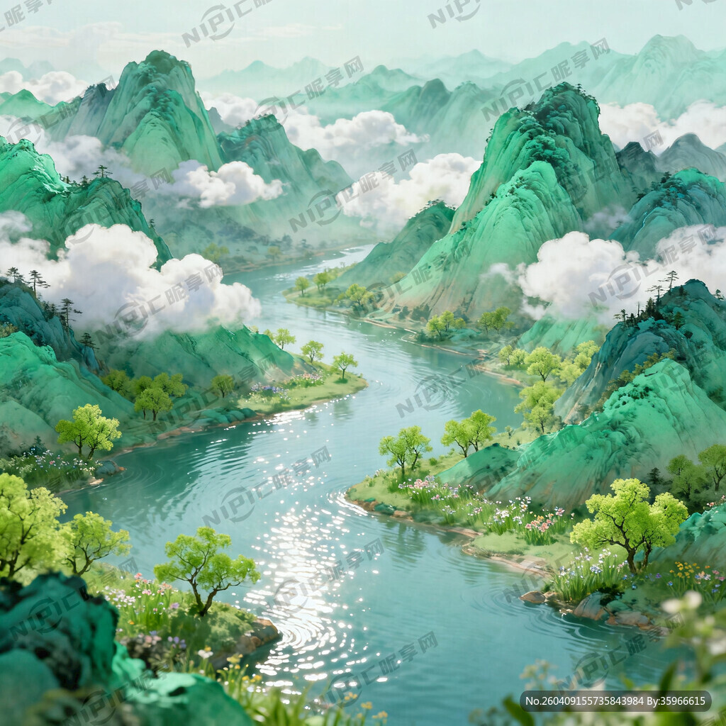 春天千里江山风景图 有白云