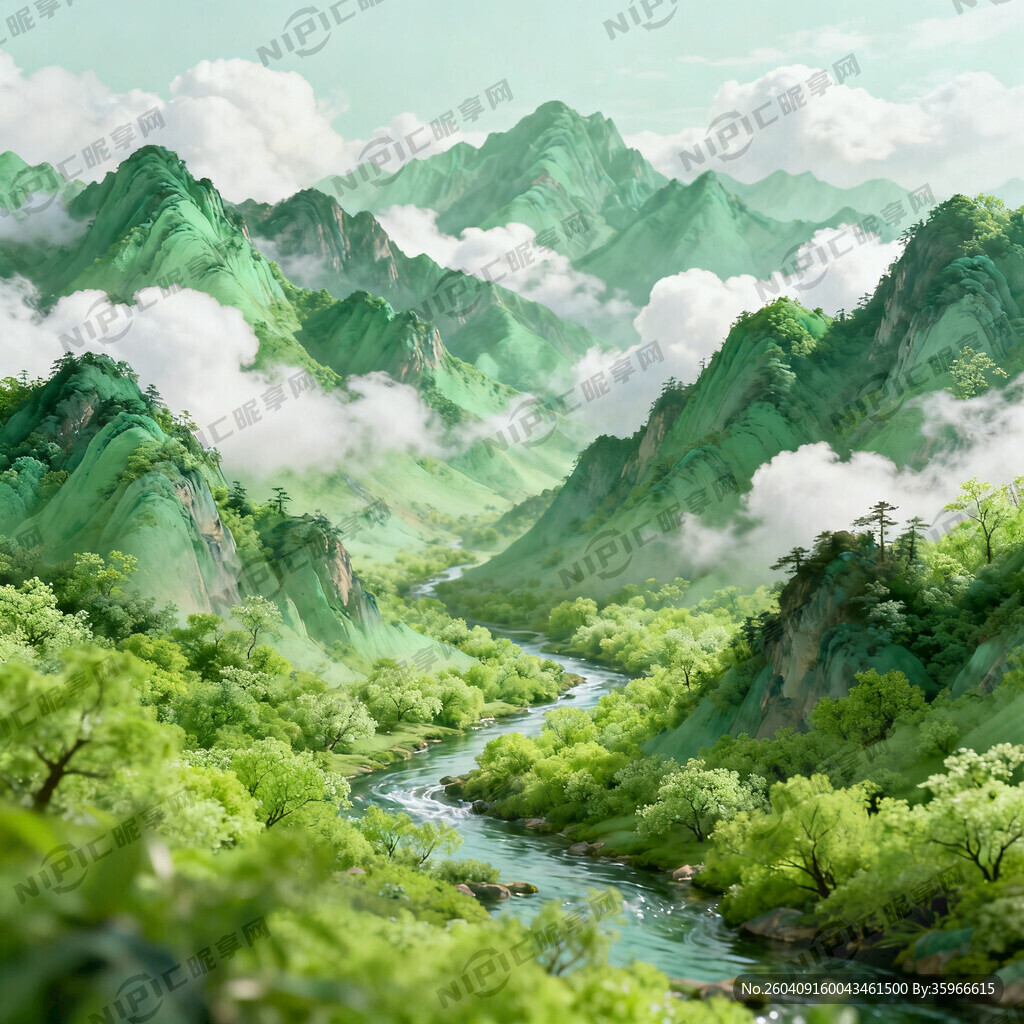 春天千里江山风景图 有白云