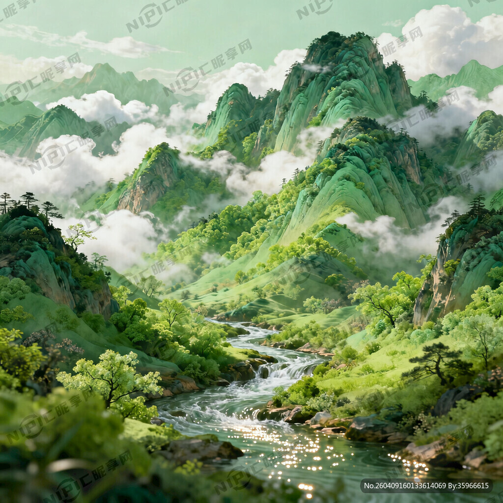 春天千里江山风景图 有白云