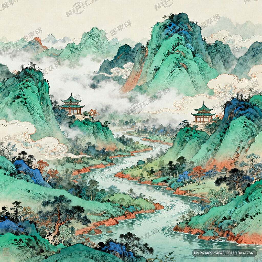 新中式国潮青绿山水主题插画