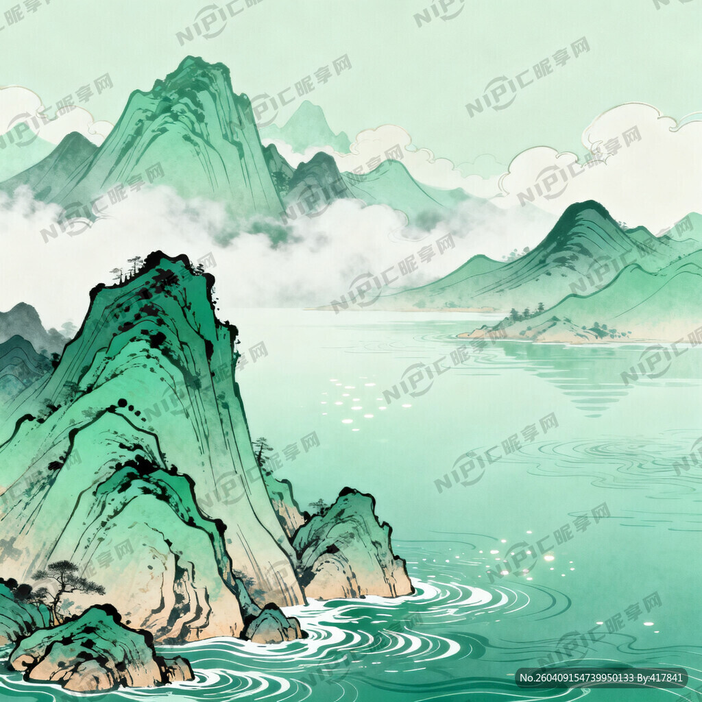 新中式国潮青绿山水主题插画