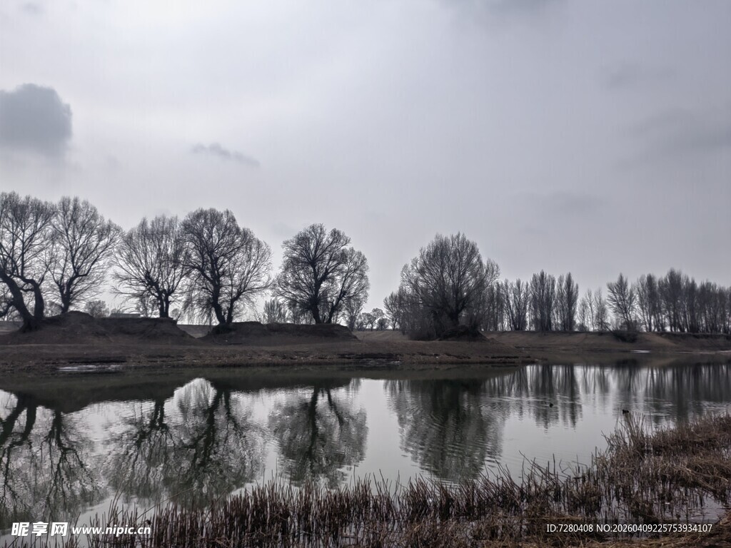 雾霭中的宁静河岸风光
