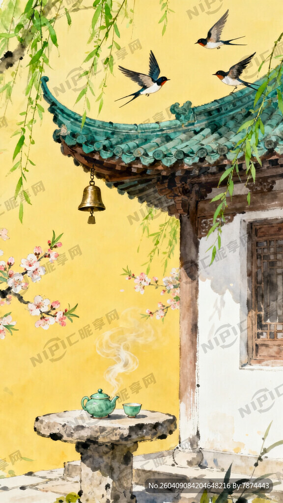 春天  燕子 茶 寺  古韵