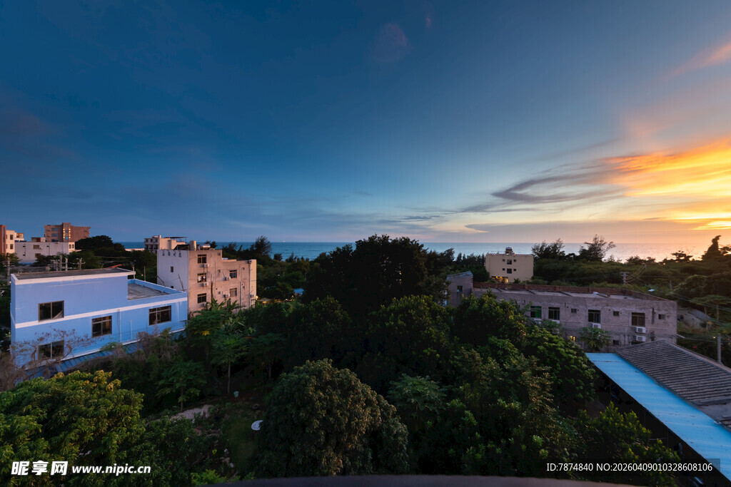 黄昏下的城市与葱郁绿植