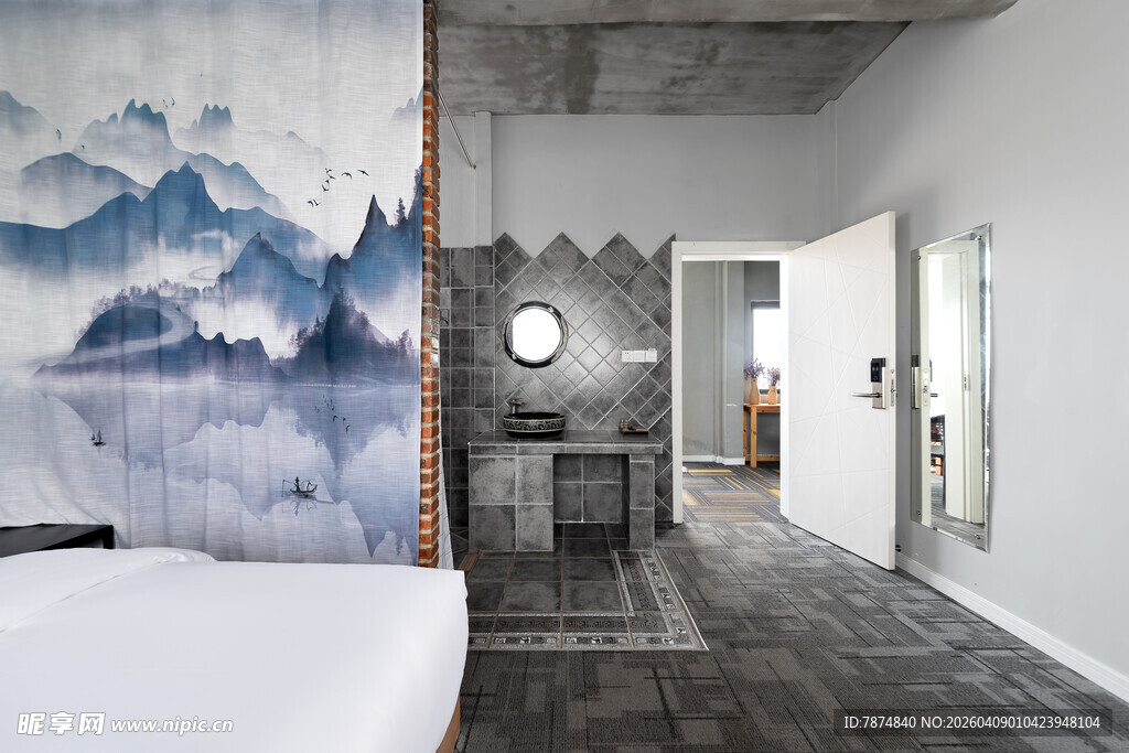 山水壁画装饰的简约卧室