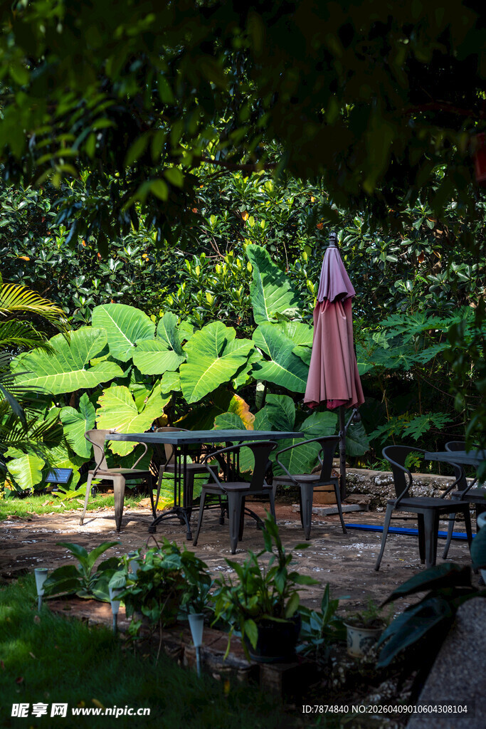 花园中的休闲桌椅与遮阳伞
