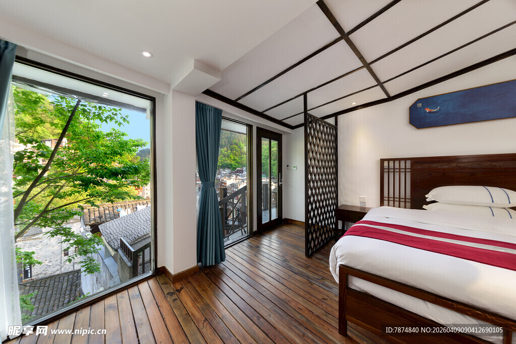 现代明亮卧室带户外景观