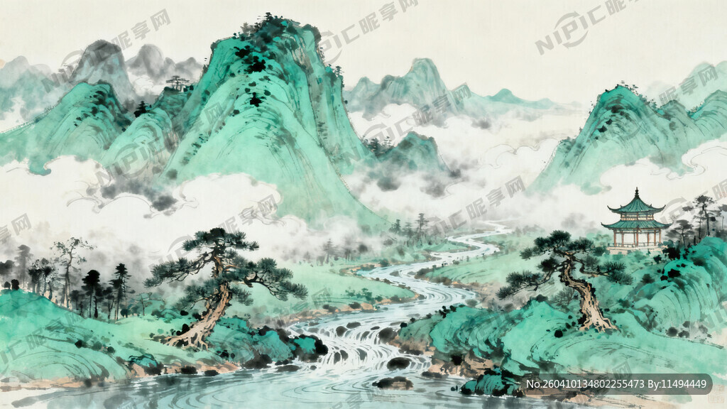 新中式青绿山
