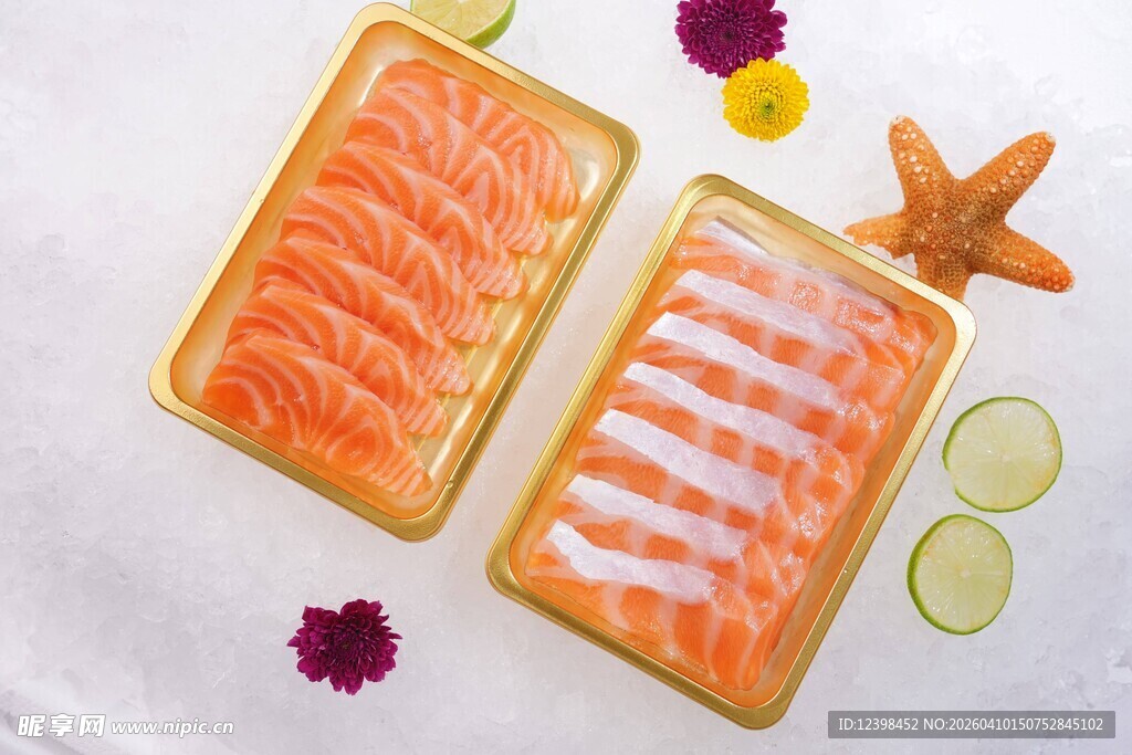 新鲜三文鱼切片摆盘展示