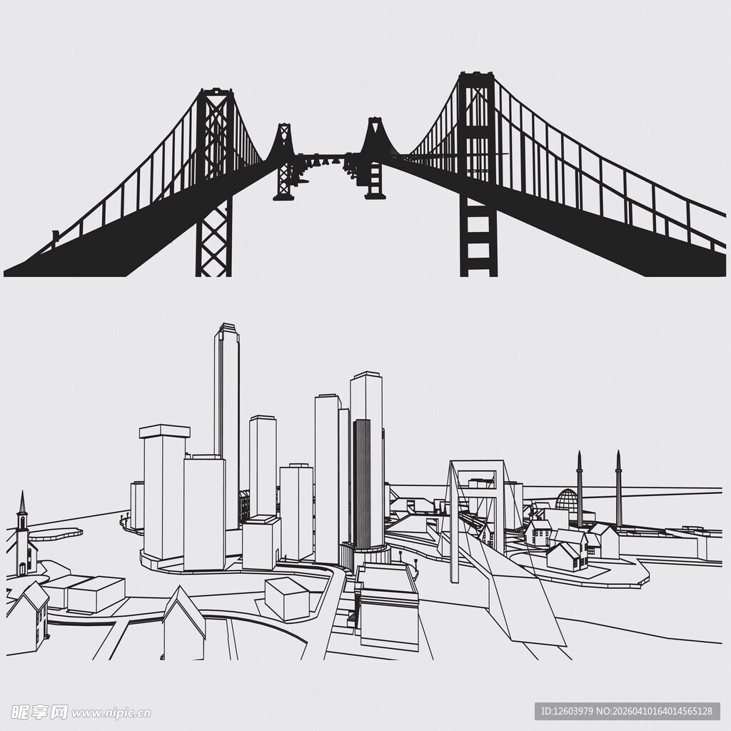 城市桥梁建筑线稿图