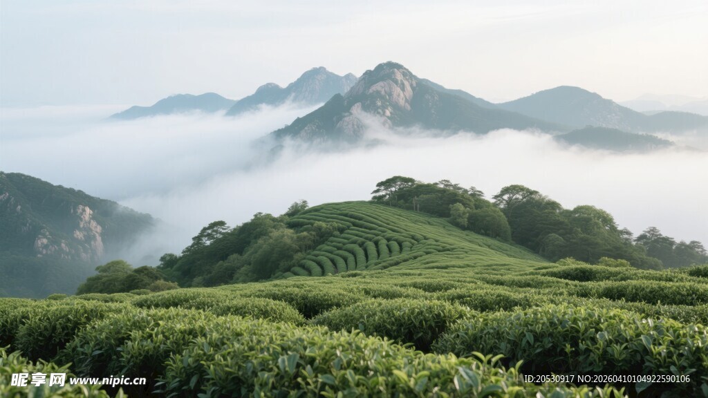 泰山茶园山峦云雾植被自然景观