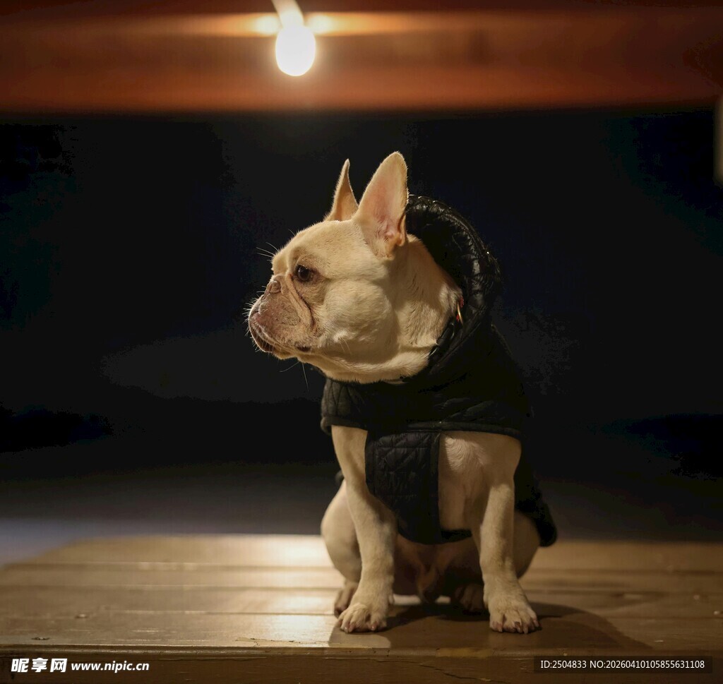 穿着衣服的法斗安静坐着