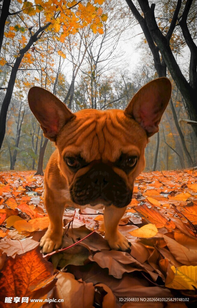 秋日落叶中的法国斗牛犬
