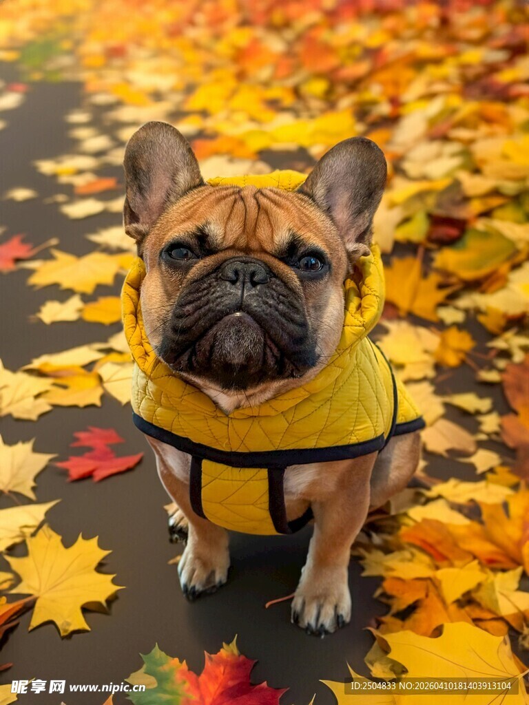 秋日法斗穿黄衣赏落叶