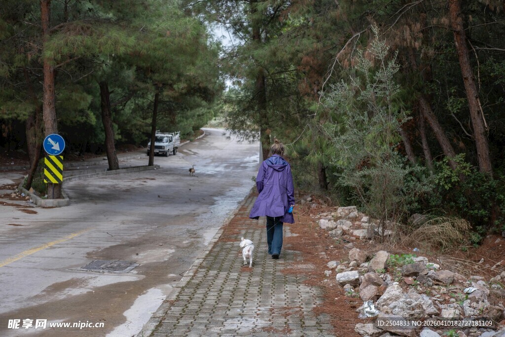 女子独行于林间湿滑小路