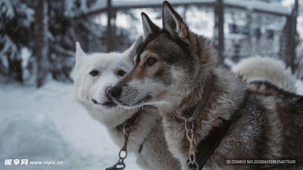 雪地中的两只帅气犬类