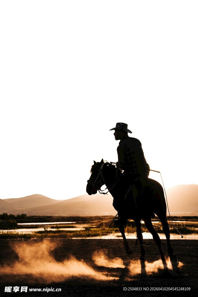 夕阳下的牛仔骑马剪影