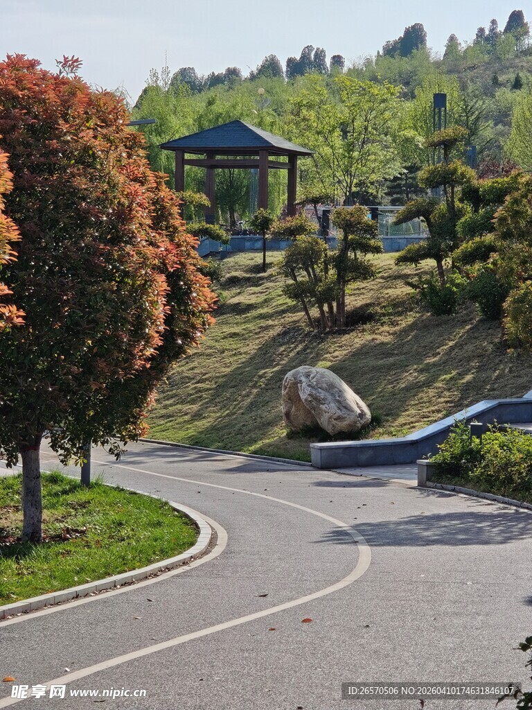 蜿蜒山道旁的秀丽园林景观