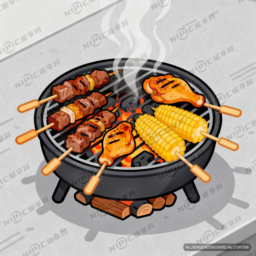 碳火烧烤锅 有烤串 卡通的