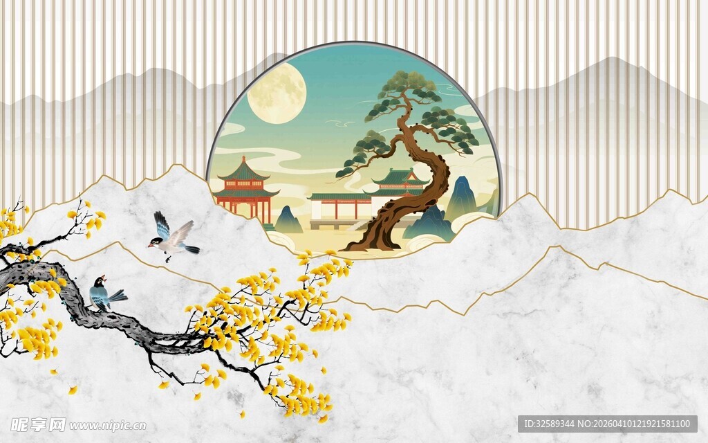 中式山水花鸟诗意风景图