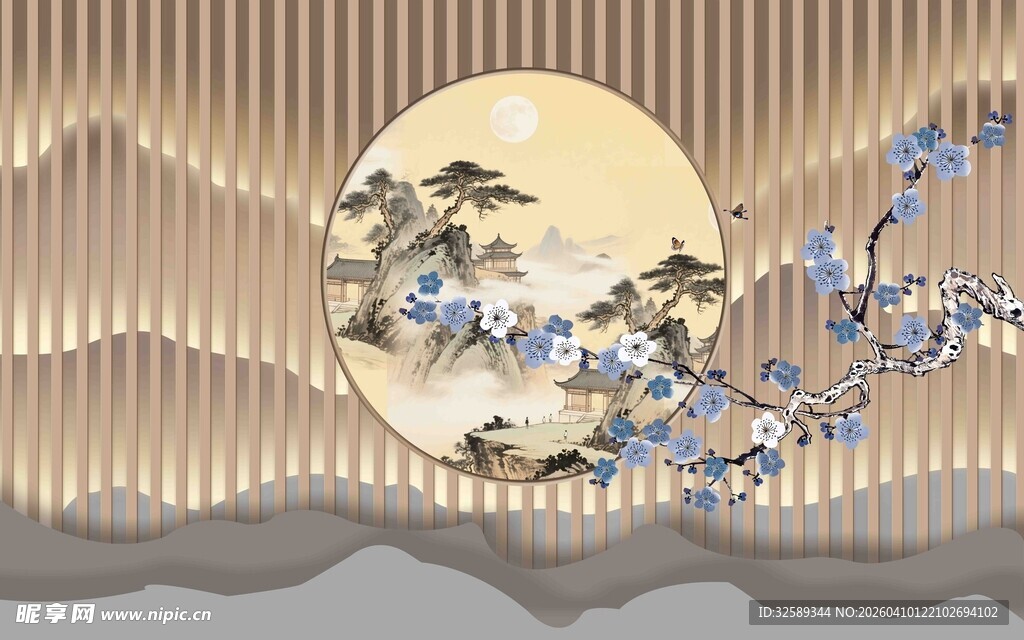 中式山水墨韵月景图