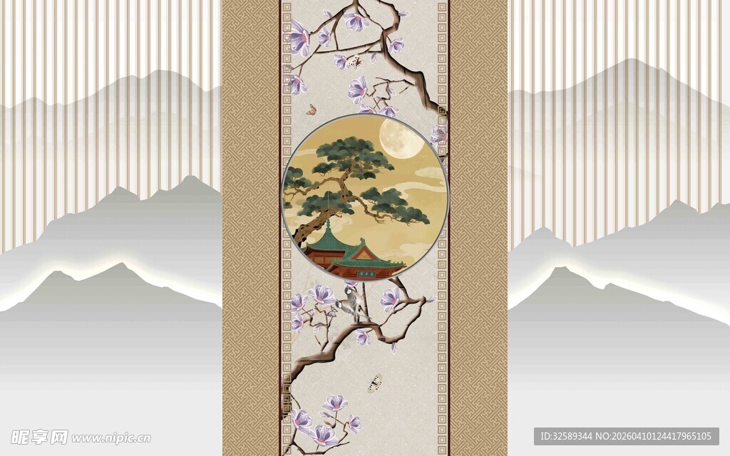 中式山水松枝装饰图案