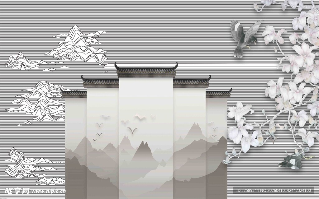 中式山水屏风装饰画