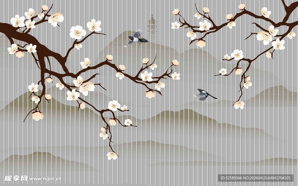 枝头绽白花飞鸟入画境