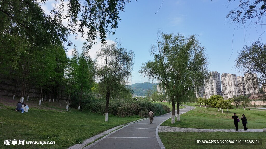 城市公园中的休闲漫步场景