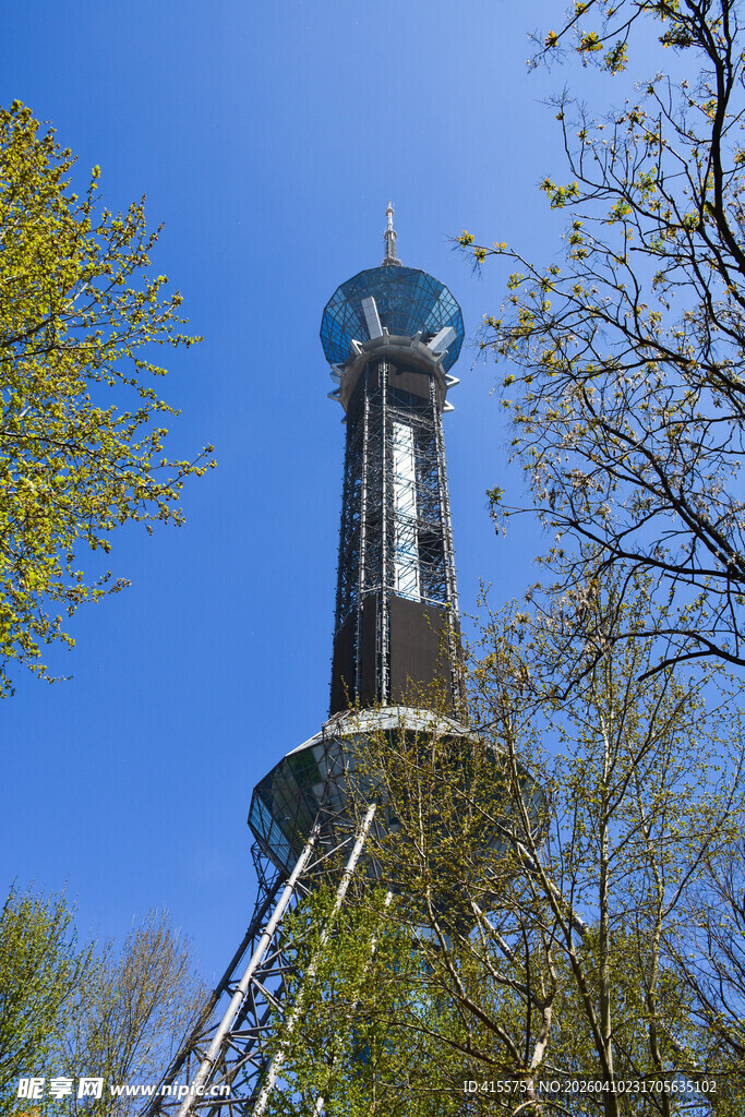 石家庄电视塔映衬蓝天绿树