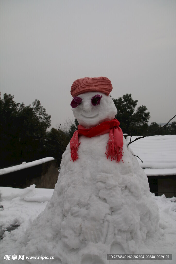 可爱雪人戴着红帽与围巾
