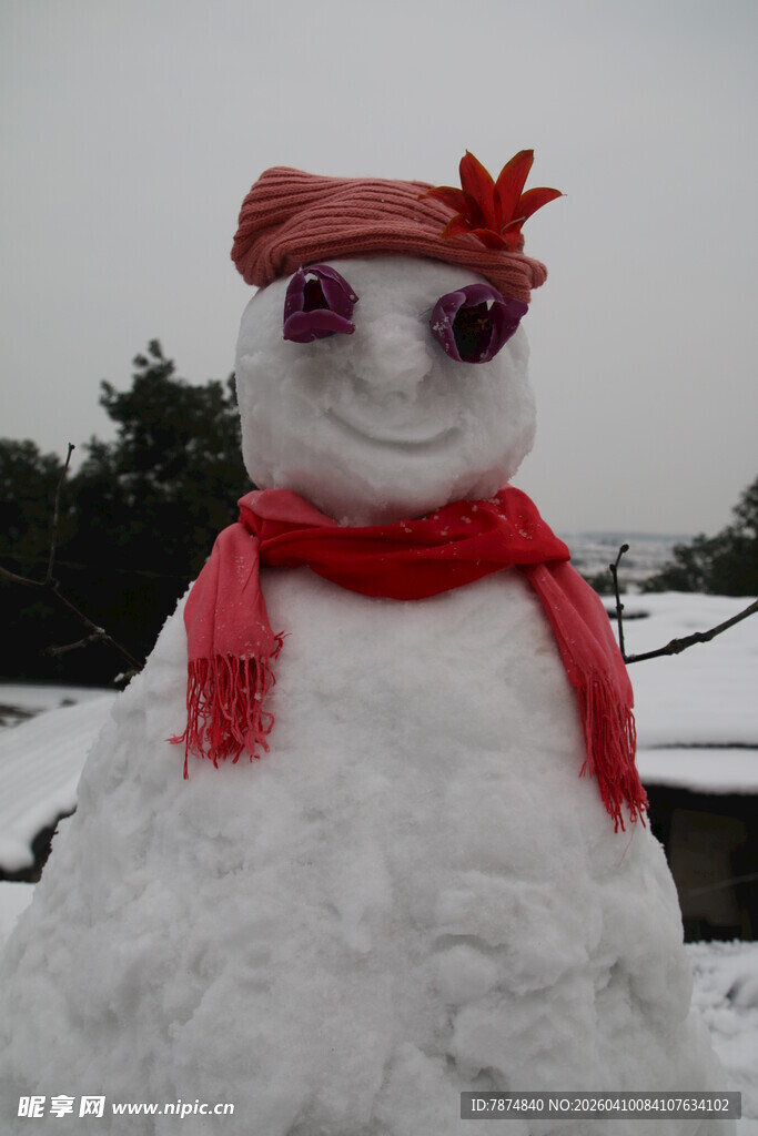 戴帽围巾的可爱雪人