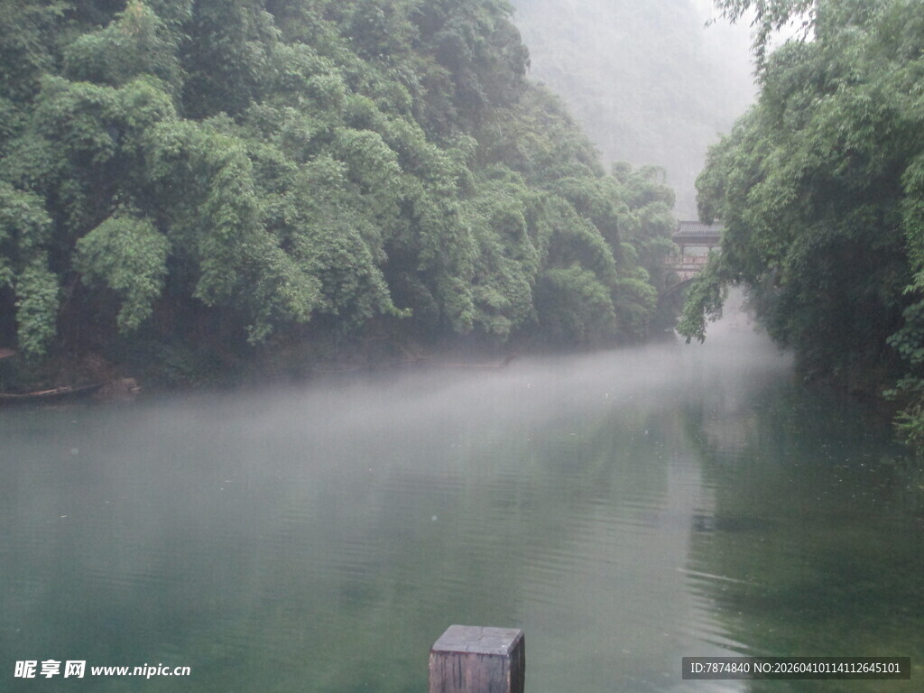 雾绕河畔绿意浓