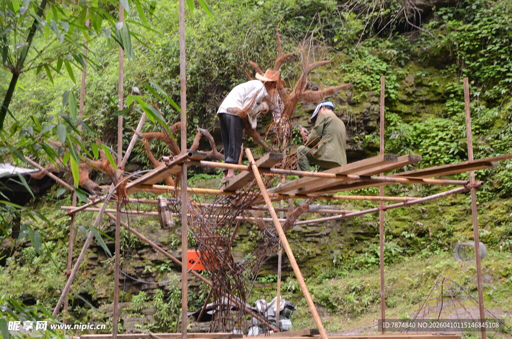工人搭建竹制结构场景